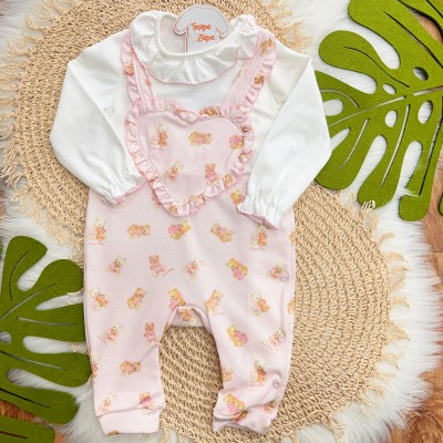 Macacão Longo Coração Ursinhas - Off White e Rose